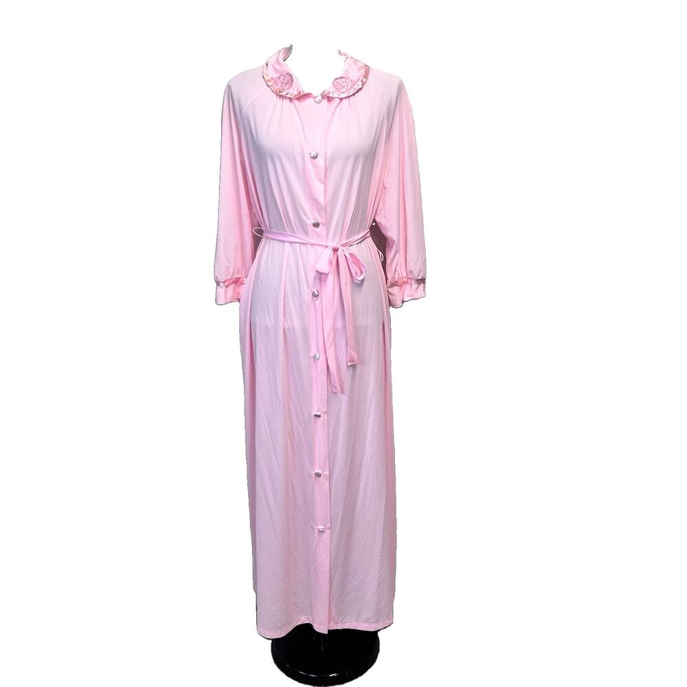Vintage Aristocraft Long House Coat Robe Nightgown size Large Pink Satin Pockets